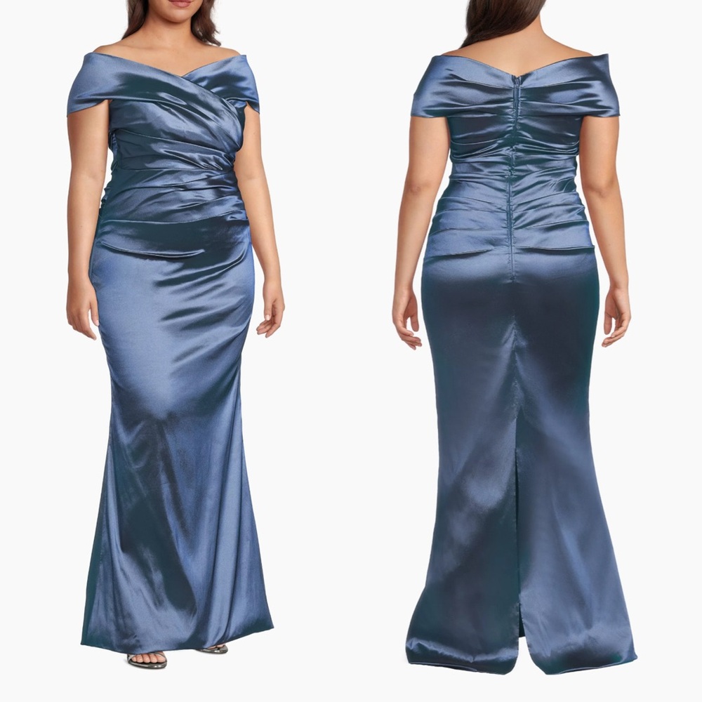 NWT RICKIE FREEMAN FOR TERI JON Off-Shoulder Ruched Taffeta Gown Size 18 $600